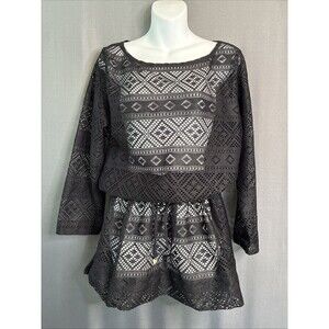 Anne Cole Swim Cover Up Black Lace Crochet Pullover Long Sleeve M/L Beach Fairy
